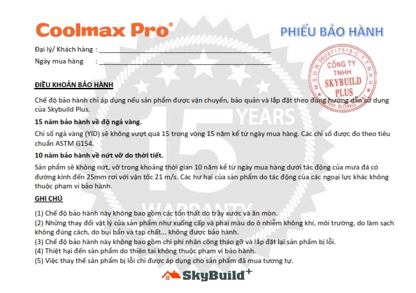 15 Years Warranty Letter   Coolmax Pro 001